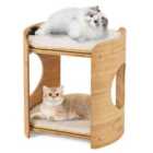 COSTWAY 2-Tier Elevated Cat Bed Cat Tower with Natural Bamboo Frame-Natural & White