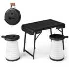 Costway 3-Piece Folding Table Stool Set with a Camping Table and 2 Retractable LED Stools-Black