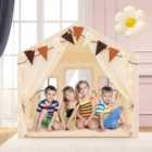 Costway 3-4 Kids Large Play Tent House with 2 Opening Doors Star Lights and Plaid Pennants-Beige