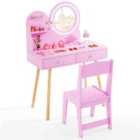Costway Wooden Kids Vanity Set with Lighted Mirror, Hooks and Storage Drawers-Pink