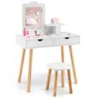 Costway Kids Vanity Table and Stool Set with Square Mirror and Storage Shelf-White
