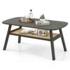 Costway 2-Tier Coffee Table with Rattan Storage Shelf and Rubber Wood Legs-Black