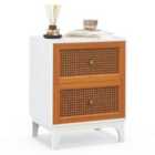 Costway Boho Accent Table with 2 Handwoven Rattan Decorated Drawers-White