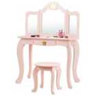 Costway Kids Dressing Table and Stool Set with Tri-fold Mirror and Drawer