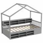 Costway Wooden Single Size House Bed with Roof and 14 Storage Cubes-Grey