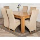 Thats Furniture Dakota 152 x 87 cm Chunky Medium Oak Dining Table and 6 Chairs Dining Set with Lola Fabric Chairs - Beige