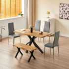 Kosy Koala Wooden Dining Table With X-shaped Iron Legs And 4 Grey Metal Chairs And Bench Modern Dining Set (117X77X75Cm)