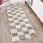 Chester Living Room Shaggy Area Rug Modern - Contemporary Checkered Design - Hallway Runner Beige 60X220 Cm
