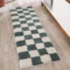 Chester Living Room Shaggy Area Rug Modern - Contemporary Checkered Design - Hallway Runner Jade Green 60X220 Cm