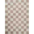 Chester Living Room Shaggy Area Rug Modern - Contemporary Checkered Design - Hallway Runner Beige 200X290 Cm