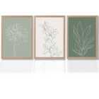 Artze Wall Art Set Of 3 Sketch Flowers In Green Tones Art Prints Size: A2 Oak Frames