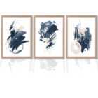 Artze Wall Art Abstract Set Of 3 Minimal Blue Oil Painting Art Prints Size: A2 Oak Frames
