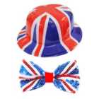 I LOVE FANCY DRESS Pack of 12 Union Jack Bowler Hat & Sequin Bow Tie Set (Accessories)