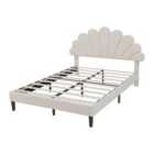 Abrihome 4Ft6 Double Upholstered Bed Frame With Adjustable Chic Petal Headboard, Velvet Bed Frame With Solid Wood Slat, Beige