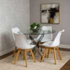 Round Glass Dining Table With 4 White Leather Kitchen Chairs
