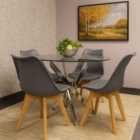 Round Glass Dining Table With Grey Velvet Chairs