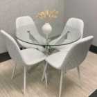 Round Glass Dining Table With 4 White Leather Chairs Dinning Furniture Modern Set
