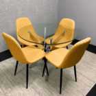Round Glass Dining Table With 4 Mustard Leather Chairs Chrome Base Modern Look