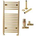 Towelrads Pisa 1200 x 500mm Brushed Gold Designer Towel Radiator with Straight TRV & Pipe Sleeve