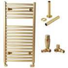Towelrads Pisa 800 x 500mm Brushed Gold Designer Towel Radiator with Corner TRV & Pipe Sleeve