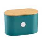 Cooks Professional Ribbed Bread Bin with Linen Bag & 2-in-1 Bamboo Cutting Board Lid - Teal & Silver