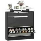 HOMCOM Shoe Cabinet with 3 Drawers, High Gloss Front Panels, Glass Top Black