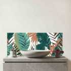 Tropical Floral Leaves Green Brown Glass Bathroom Splashback