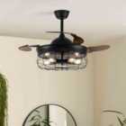 Garden Sanctuary Caged Industrial Style Ceiling Fan with Lights 106cm - Black