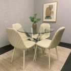 Round Glass Dining Table With 4 Cream Leather Chairs Chrome Swirled Legs