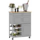 Homcom Rolling Kitchen Island Trolley Storage Cart W/ Rubberwood Top, Grey