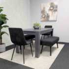 Dark Grey Arrow Design Wooden Dining Table With Black Velvet Chairs And 2 Velvet Benches