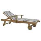 Beliani Acacia Wood Reclining Sun Lounger with Striped Blue Cushion AMANTEA