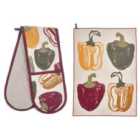 Purer Home X Eden Cotton Double Oven Gloves& 2 Piece Tea Towel - Peppers