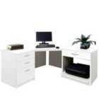 R. White Cabinets Corner Desk With Drawers, Filing Unit And Printer Storage White