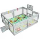 Costway Large Baby Playpen With Mat With Basketball Hoop And Soccer Nets-grey