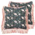 Beliani Set of 2 Decorative Cushions PARROTIA Velvet 45 x 45 cm Teal Floral Pattern