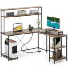 Costway L-shaped Gaming Desk With LED Strip And Power Outlets-rustic Brown