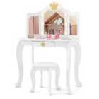 Costway Kids Vanity Set With Lighted Mirror And Adjustable Brightness Pull-out Drawer And Stool-white
