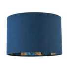 Happy Homewares Modern Midnight Blue Linen Lamp Shade with Leaf Floral Pattern Lining