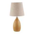 Happy Homewares Mustard Etched Lined Ceramic Gloss Table Lamp with Linen Fabric Shade