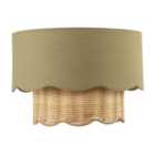 Happy Homewares Dark Olive Linen Fabric and Natural Rattan Scallop Pendant Lamp Shade