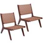 Costway Set Of 2 Woven Leather Accent Chairs With Wood Frame-brown
