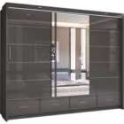 Sliding Wardrobes 4U LTD Fort High Gloss Sliding Wardrobe - 2 Or 3 Door Bedroom Cabinet With Mirror And Drawers (Grey, 255Cm)
