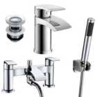 Nes Home Libra Waterfall Chrome Bath Shower Mixer Pack and Basin Mixer Tap with Waste